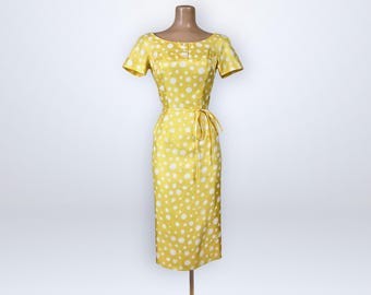 Vintage 60s Anne Fogarty Yellow Snowball Polka-Dot Silk Wiggle Dress 14 Near Mint | VFG
