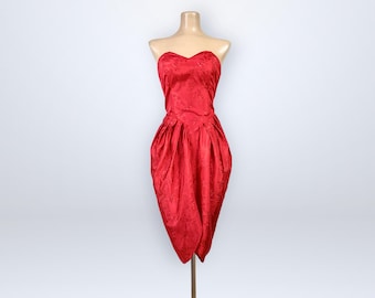 Vintage 80s Red Satin Strapless Pouf Cocktail Dress Sweetheart Basque Waist VFG