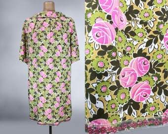 VINTAGE 60s Pink and Green Floral Mod Mini Shift Dress with Balloon sleeves | 1960s Colorful Art Print Tent Dress | VFG