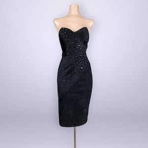 VINTAGE 80s Black Suede Leather Strapless Bustier Dress by Positano Pelle | 1980s Bombshell | Rhinestone Embellished Cocktail Dress | VFG