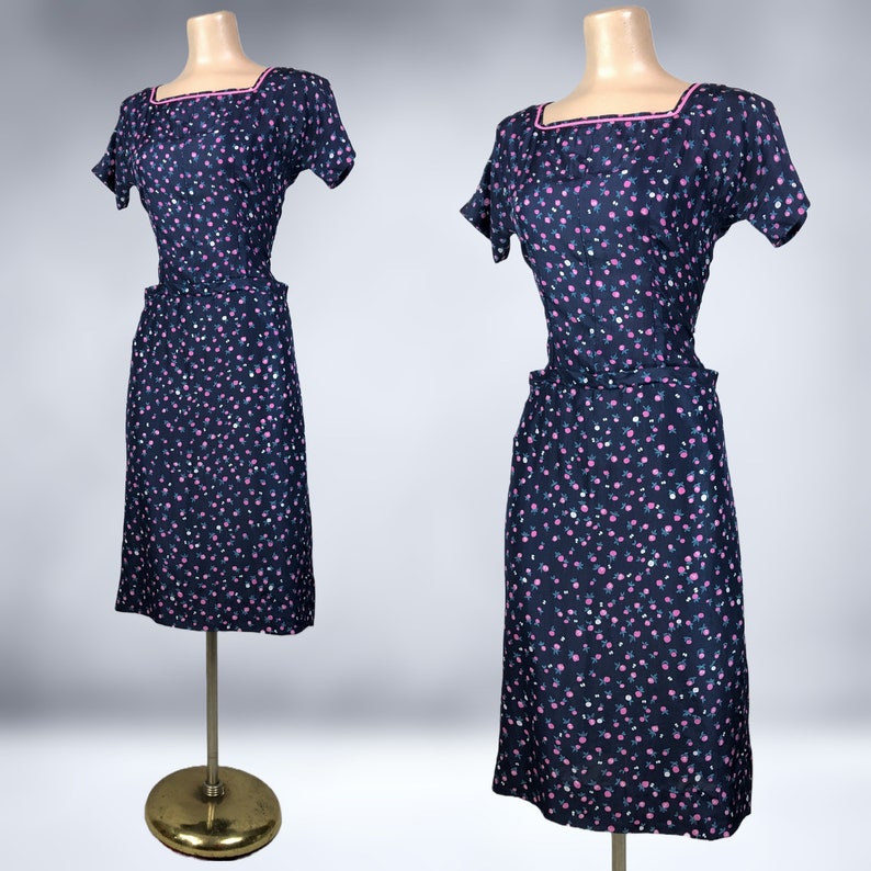 VINTAGE 40s Navy Blue Silk Novelty Print Dress with Pockets Radish Fruit 1940s Art Deco Vegetable Print Bombshell Dress VFG image 4