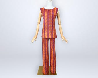 Vintage 60s Chevron Woven Knit Mod Tunic Flares Set Two Piece Pants Suit VFG