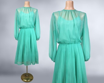 VINTAGE 70s Sea Glass Green Knife Pleated Chiffon Dress | 1970 Sheer Sleeve Disco Dress and Slip | 2 Piece Bohemian Fairy Stevie Nicks | vfg
