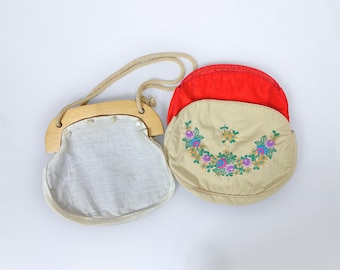 Vintage 60s Bermuda Bag Set Two Covers Wood Frame Embroidered Rope Handle Purse VFG