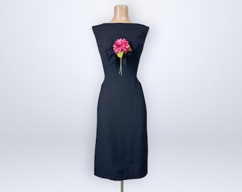 Vintage 50s Black Cocktail Dress with Pink Carnation Millinery Flower Detail VFG