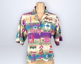 Blusa vintage de los años 80, corta, con estampado azteca del suroeste y botones delanteros, talla 8 - Cabrias / VFG