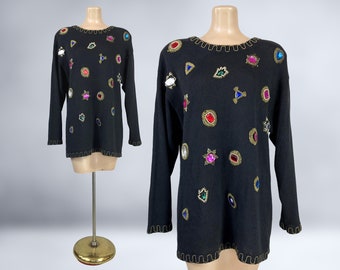 VINTAGE 80s Jewel Embellished Sweater by Victoria Harbour Size M | 1980s Long Tunic Sweater Jumper | VFG