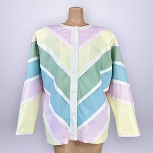 VINTAGE 80s Pastel Rainbow Striped Chevron Jacket by Marguerite Rubel Sz 16 | 1980s Patchwork Quilted Color Block Coat Plus Size | VFG