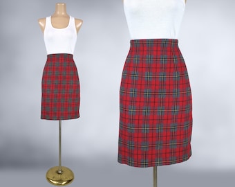 VINTAGE 80s 90s Red and Gray Tartan Plaid High Waist Pencil Skirt by Norton McNaughton Sz 12 | 1980s 1990s Clueless Short Skirt | VFG