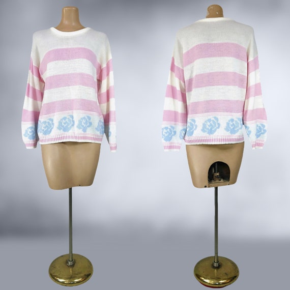 VINTAGE 80s Pastel Pink & White Striped Sweater w… - image 2