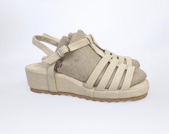Vintage 70s Espadrille Wedge Sandals Sz 8 T‑Strap Fisherman Canvas Summer VFG