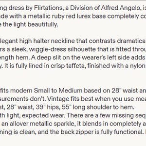May include: A vintage 1980s evening dress by Flirtations, a division of Alfred Angelo. The dress features a metallic ruby red lurex base covered in flat metal sequin discs, a high halter neckline, an open cage-back design, and an ankle-length hem.