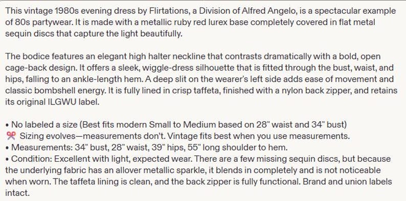 May include: A vintage 1980s evening dress by Flirtations, a division of Alfred Angelo. The dress features a metallic ruby red lurex base covered in flat metal sequin discs, a high halter neckline, an open cage-back design, and an ankle-length hem.