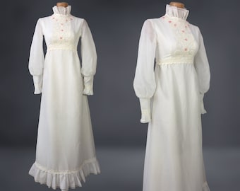 VINTAGE 60s 70s White Cottage Core Bishop Sleeve Maxi Dress | 1970s Gunne Style Prairie Prom Dress | 1960s Bohemian Bridal Wedding Dress vfg