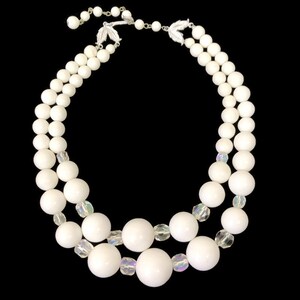 VINTAGE 50s Two Strand Graduated Big Bead Necklace White and Clear JAPAN Choker | 1950s Mid Century Costume Jewelry Necklace | VFG