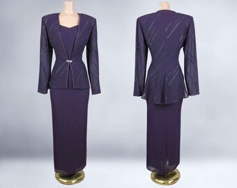 VINTAGE 90s Aubergine Purple Formal Dress and Jacket Set by R&M Richards Sz 8 | 1990s 2 Piece Mother of the Bride Suit Gown | VFG