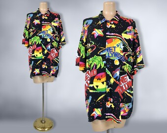 VINTAGE 90s Jams World Planet Hollywood Space Surfer Hawaiian Shirt Sz Large | 1990s Unique Neon Print Button Luau Hula Shirt | VFG