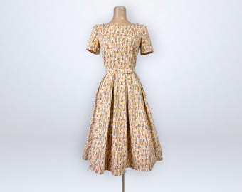 Vintage 1950s Orange Geometric Mosaic Print Cotton Day Dress Belted Full Swing VFG