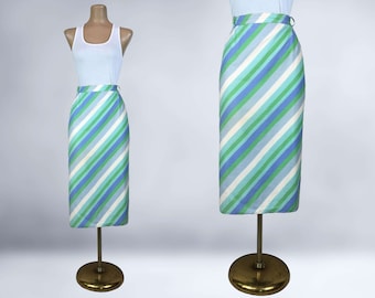 VINTAGE 60s Blue and Green Diagonal Striped Pencil Skirt 30" Waist- Wounded As-is | 1960s Wiggle Skirt By College Town of Boston | VFG