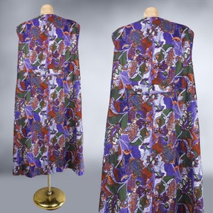 VINTAGE 70s Purple Floral Op-Art Zip Front House Dress with Hip Pockets Plus Size Volup 1970s Smock Kaftan Dress VFG image 7