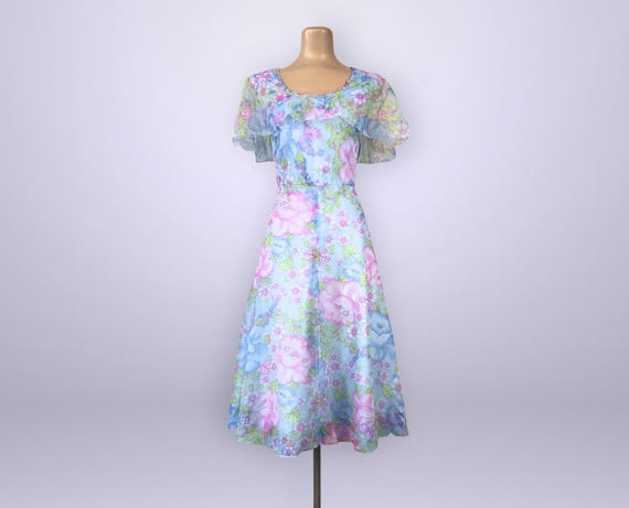 Vintage 60s Floral Chiffon Flutter Sleeve Dress - As Is Wearable Romantic Project Piece | VFG