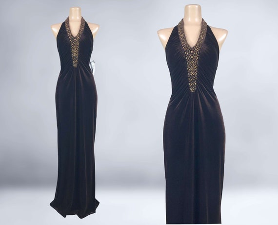 VINTAGE 90s Y2K Brown Velvet Formal Dress with Be… - image 1