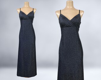 VINTAGE longue robe noire métallisée scintillante scintillante des années 70 | Longue robe disco pour hôtesse à taille empire des années 1970 | VFG