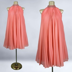 VINTAGE 60s Crystal Pleated Chiffon Party Dress in Coral Orange | 1960s Sheer Tent Dress Last Night in Soho Sandie | VFG