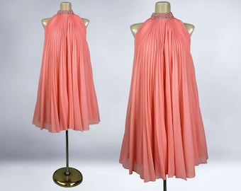 VINTAGE 60s Crystal Pleated Chiffon Party Dress in Coral Orange | 1960s Sheer Tent Dress Last Night in Soho Sandie | VFG