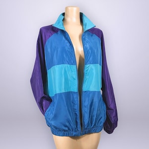 VINTAGE 80s 90s Blue & Purple Color Block Windbreaker Jacket Sz Medium | 1980s 1990s Athletic Track Jacket Streetwear | VFG