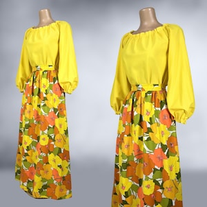 VINTAGE 70s Flower Power Maxi Skirt and Balloon Sleeve Blouse Set 1970s Handmade Off Shoulder Top Skirt Outfit Thompson California vfg image 4