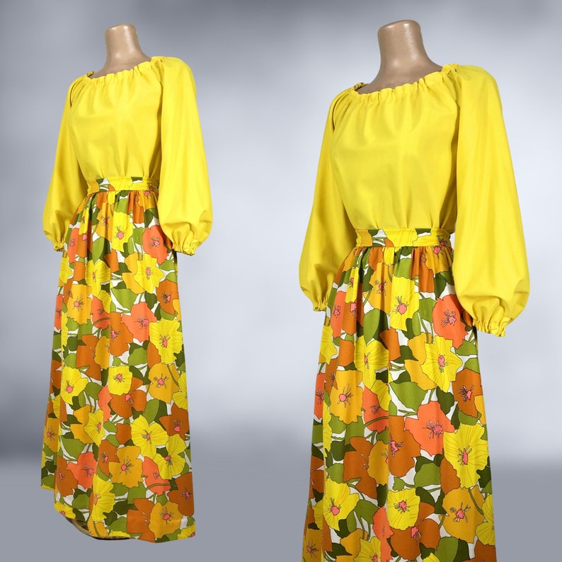 VINTAGE 70s Flower Power Maxi Skirt and Balloon Sleeve Blouse Set 1970s Handmade Off Shoulder Top Skirt Outfit Thompson California vfg image 4