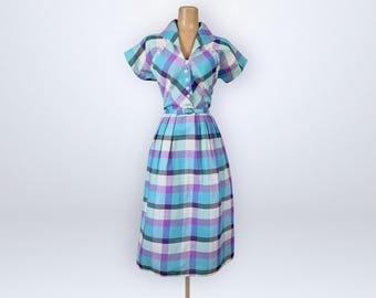 Vintage 40s 50s Plaid Belted Cotton Shirt Dress Stand Up Winged Collar VFG