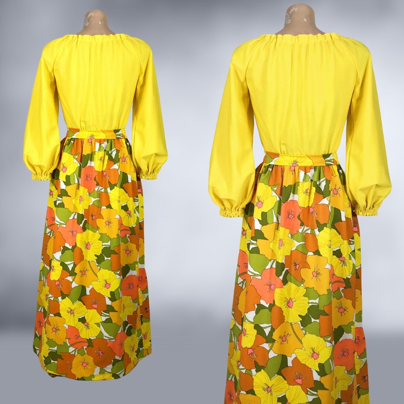 VINTAGE 70s Flower Power Maxi Skirt and Balloon Sleeve Blouse Set 1970s Handmade Off Shoulder Top Skirt Outfit Thompson California vfg image 7