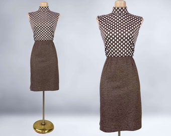 VINTAGE 60s MOD Brown Polka Dot Scooter Mini Dress | 60s Mock Neck A-line Dress | VFG