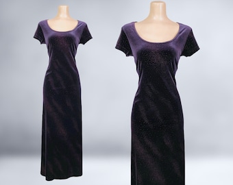 VINTAGE 90s Purple Velvet Sparkle Maxi Dress by DJ & Co. by Dawn Joy Size 11/12 | 1990s Stretch Prom Gown Party Dress | VFG