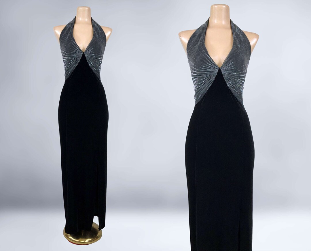 VINTAGE 80s Metallic Crystal Pleated Black Velvet Halter Dress by ...