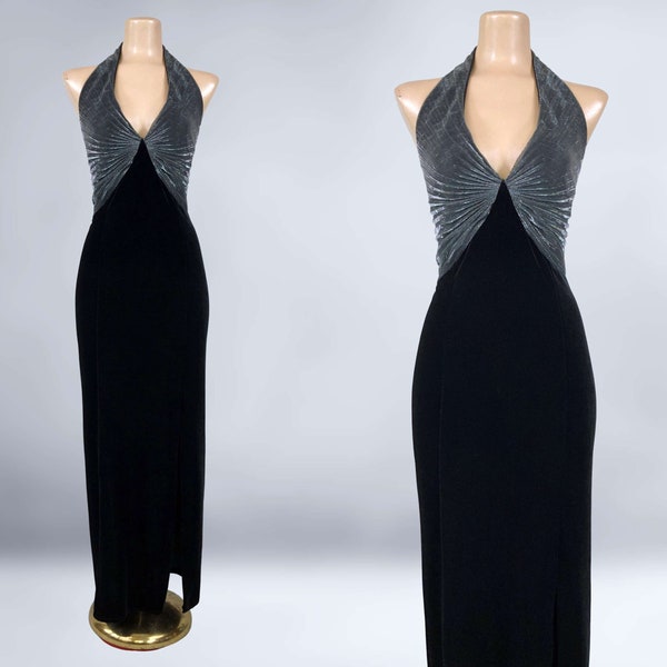 VINTAGE 80s Metallic Crystal Pleated Black Velvet Halter Dress by Aspeed | 1980s Marilyn Style Formal Prom Dress | VFG