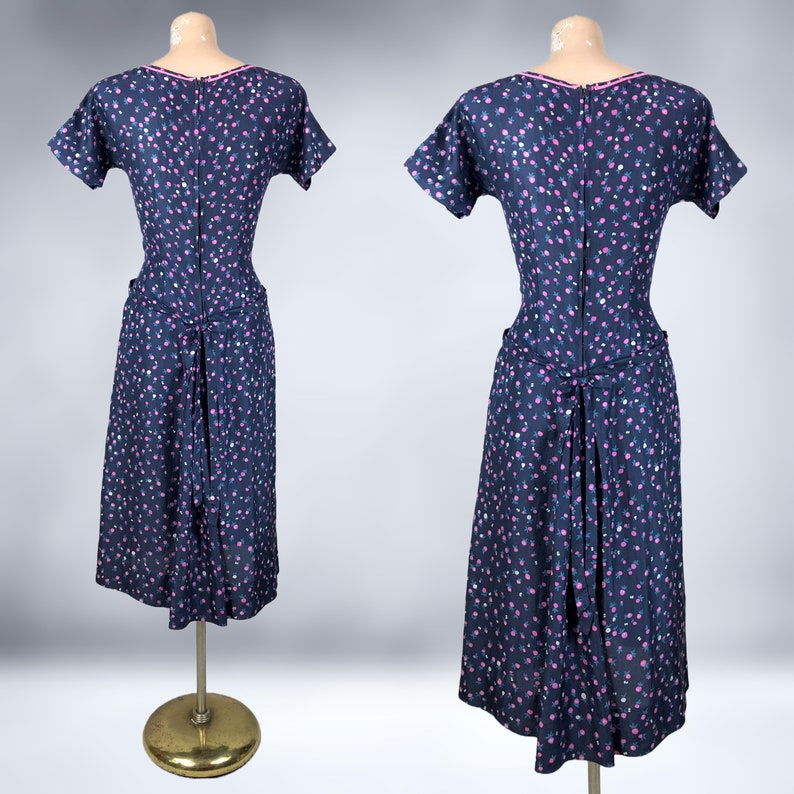 VINTAGE 40s Navy Blue Silk Novelty Print Dress with Pockets Radish Fruit 1940s Art Deco Vegetable Print Bombshell Dress VFG image 7