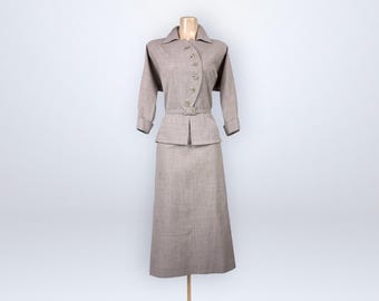 Vintage 40s Rayon Gabardine Asymmetrical Peplum Suit Skirt Jacket 16 Rose Buttons Julette | VFG