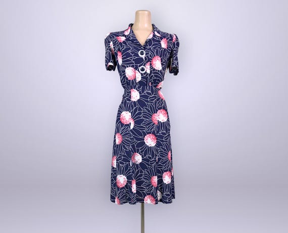 1930s Blue Floral Rayon Dress