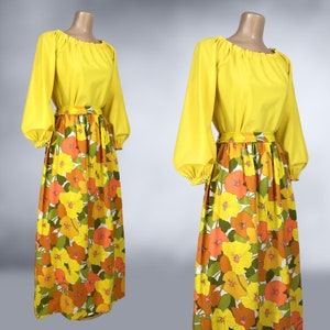 VINTAGE 70s Flower Power Maxi Skirt and Balloon Sleeve Blouse Set 1970s Handmade Off Shoulder Top Skirt Outfit Thompson California vfg image 5