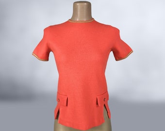 VINTAGE - Pull en laine tricoté à manches courtes orange Day-Glo des années 60 | Pull MOD entièrement façonné pour fille | VFG