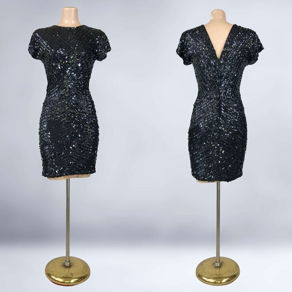 VINTAGE 80s Black Sequin V Back Mini Dress by Cache S XS | 1980s Bead Embellished Party LBD Dress | vfg