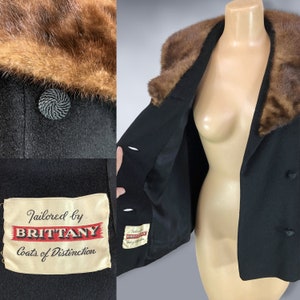 VINTAGE jaren '50 nertsbontkraag zwarte wollen jas jas van Bretagne Jaren '50 Double Breasted Pluizig Bont Korte Swingjas VFG afbeelding 10