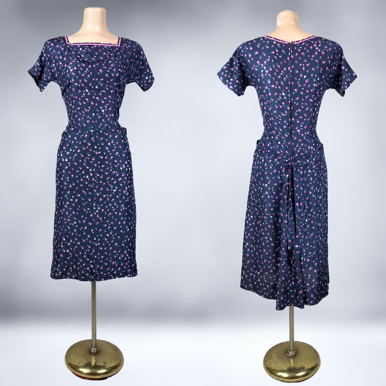 VINTAGE 40s Navy Blue Silk Novelty Print Dress with Pockets Radish Fruit 1940s Art Deco Vegetable Print Bombshell Dress VFG image 2