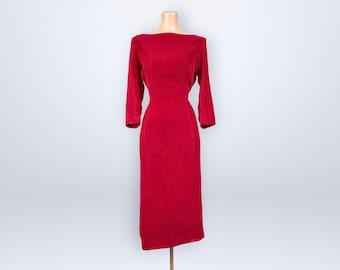 Vintage 50s Red Velvet Hourglass Cocktail Dress With Rhinestone Back Belt M VFG