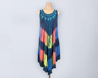 Vintage 90s Stained Glass Tie Dye Rayon Short Kaftan Dress Beach Coverup | VFG