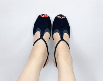 Vintage 40er Jahre Schwarz Art Deco T-Strap Pumps Anpassungsfähig Lane Bryant Heels 3/4 Weite VFG