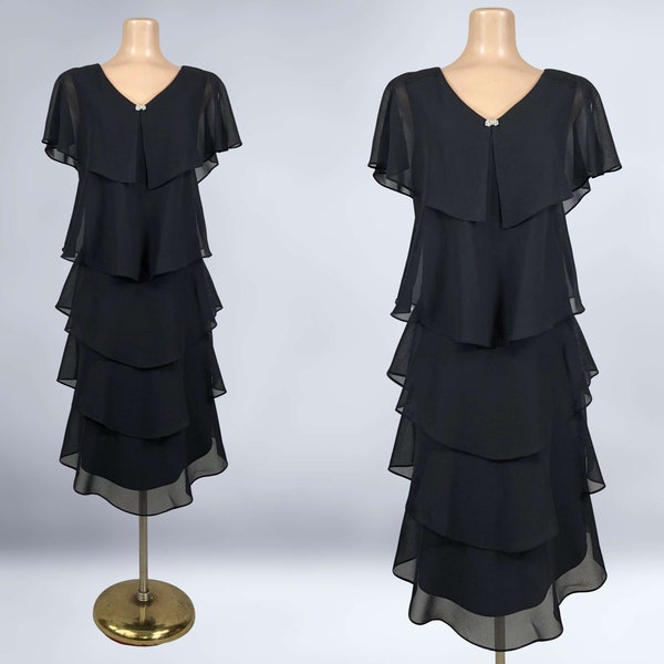 VINTAGE 80s Black Tiered Georgette Cocktail Dress by Patra Size 16 | 1980s Gothic Flapper Dress Plus Size Volup | VFG
